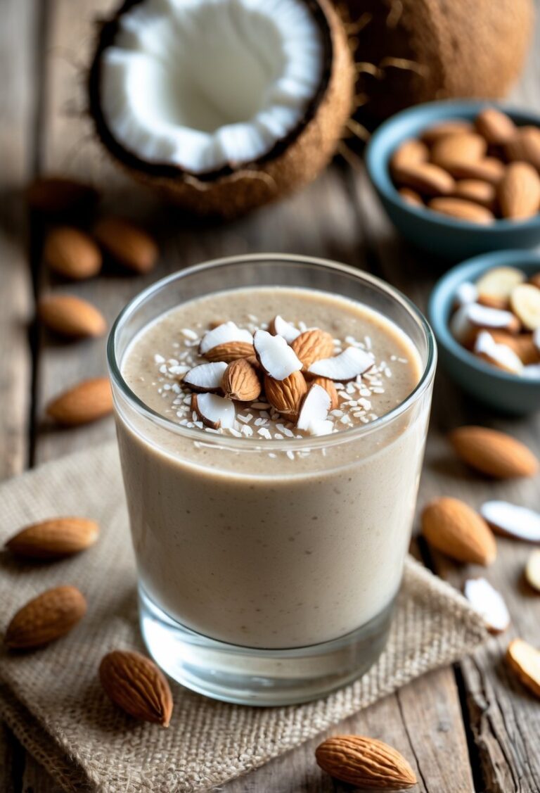 A glass of coconut almond smoothie on a wooden table surrounded by almonds, a halved coconut, and almond slices.
