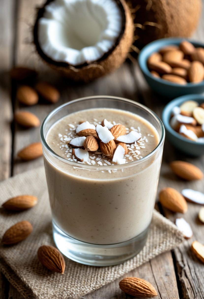 A glass of coconut almond smoothie on a wooden table surrounded by almonds, a halved coconut, and almond slices.