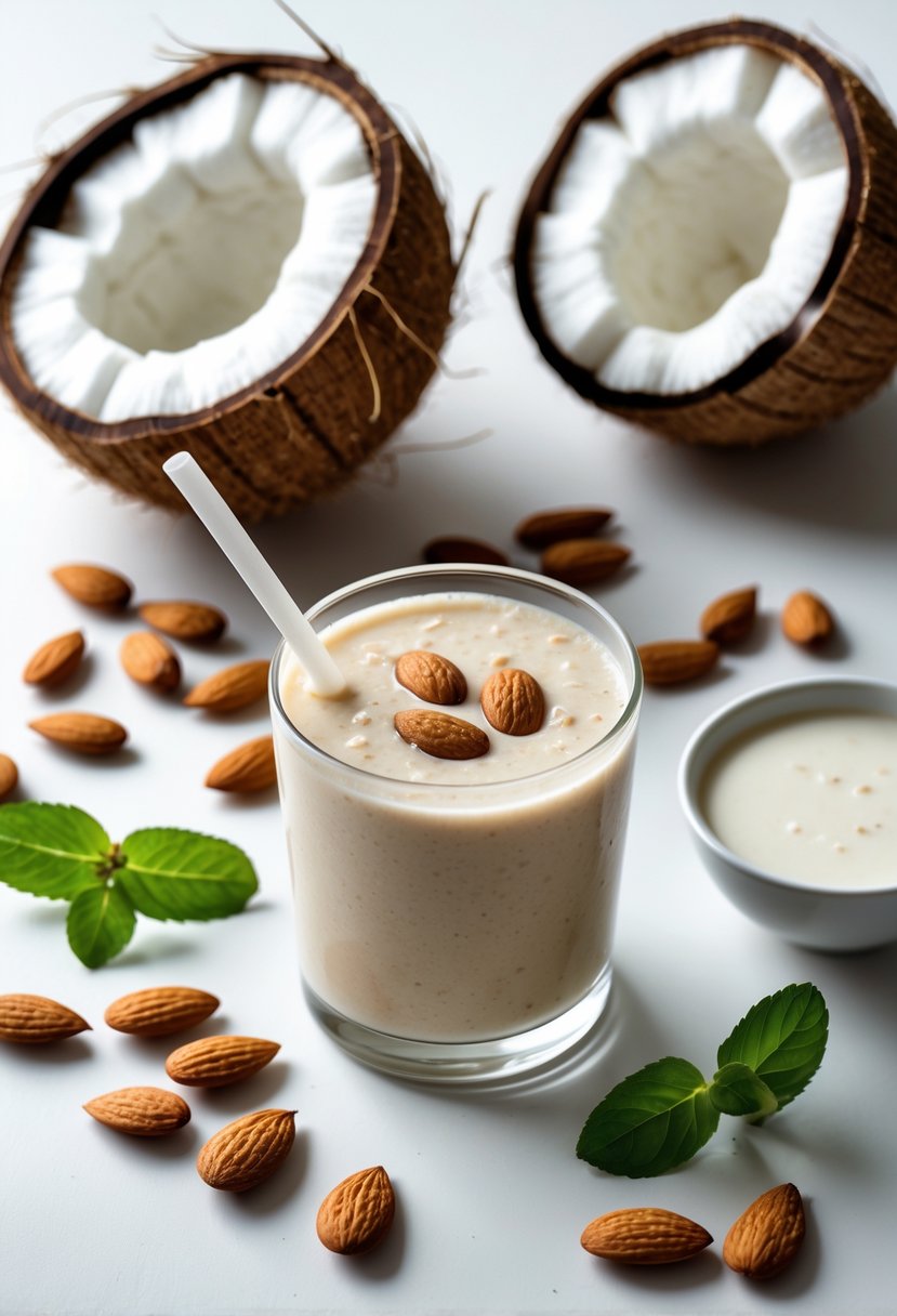 Fresh coconut, almonds, a glass of coconut almond smoothie, and mint leaves arranged on a white surface.