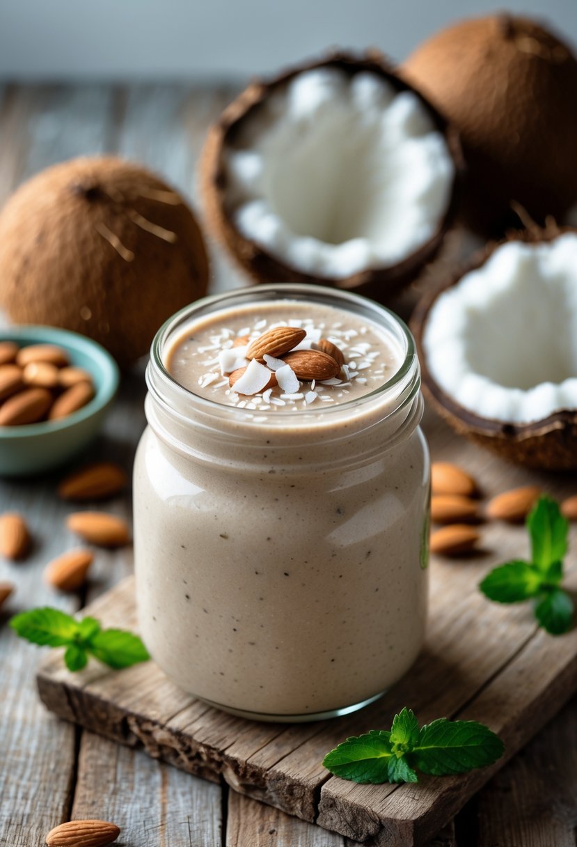 A glass jar of coconut almond smoothie on a wooden table surrounded by coconuts, almonds, and mint leaves.