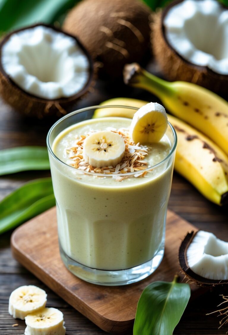 A glass of coconut banana smoothie on a wooden table with bananas, a halved coconut, and green leaves around it.