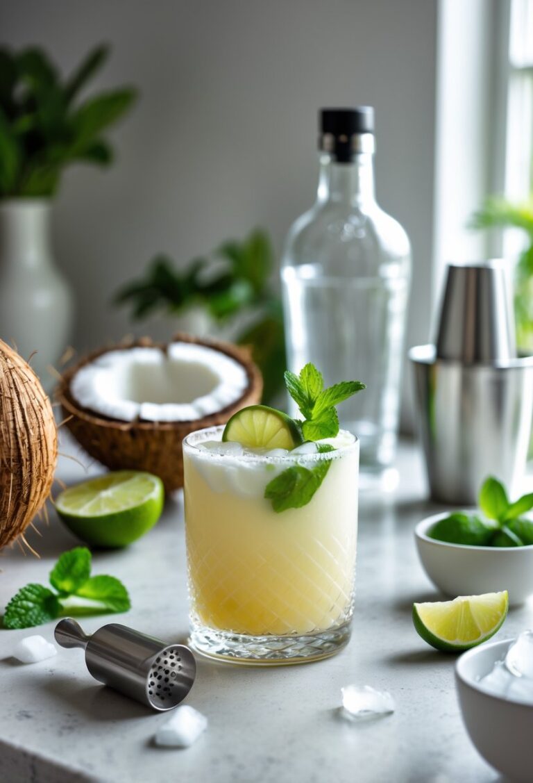 A kitchen countertop with ingredients and tools arranged for making a coconut rum cooler cocktail, including a glass of the finished drink garnished with lime and mint.