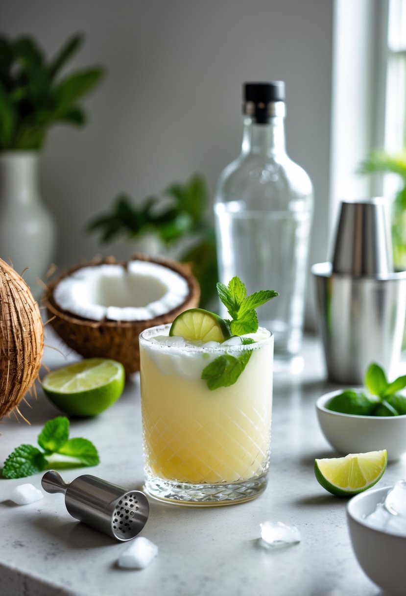 A kitchen countertop with ingredients and tools arranged for making a coconut rum cooler cocktail, including a glass of the finished drink garnished with lime and mint.