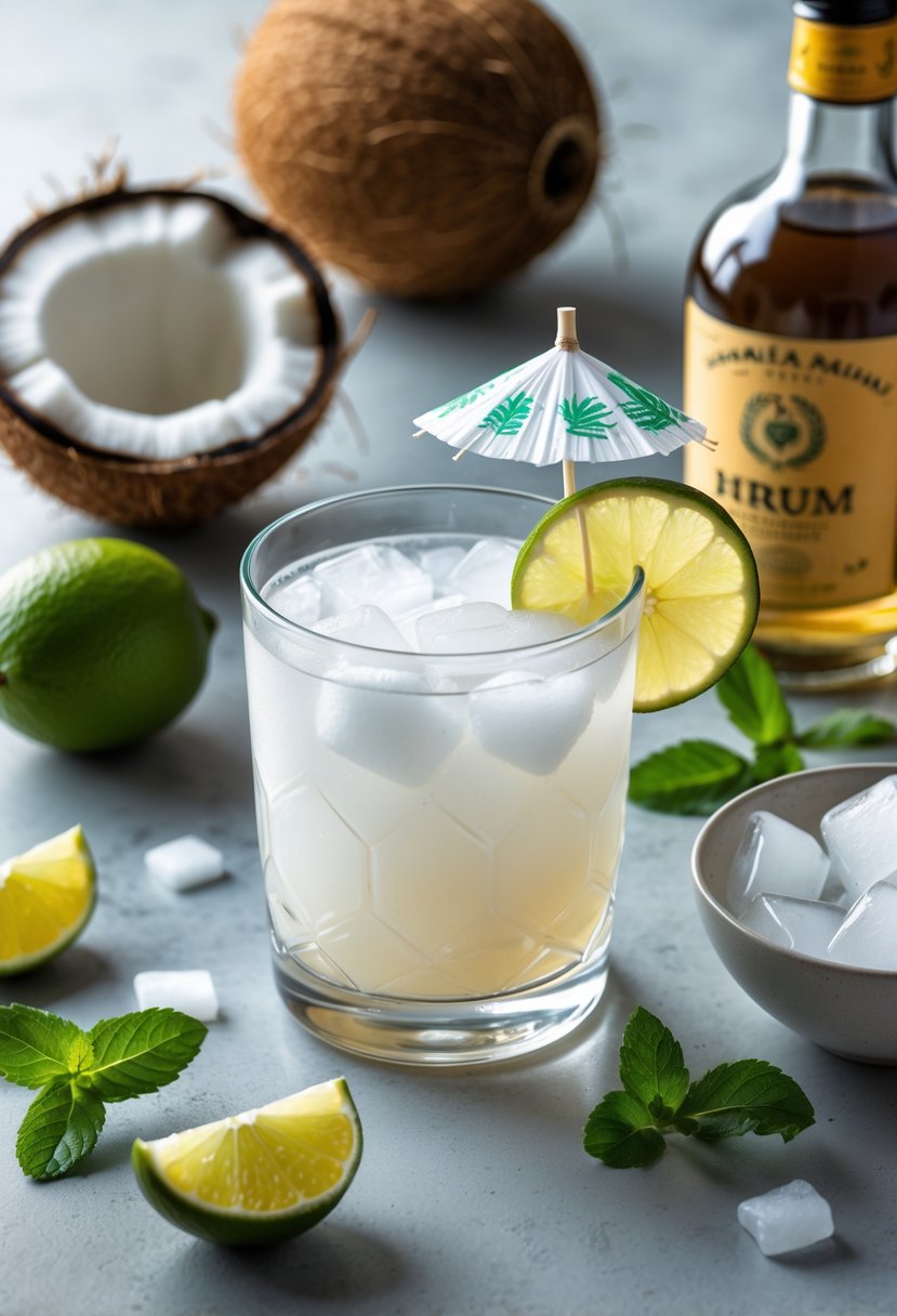 A glass of coconut rum cooler cocktail with lime garnish surrounded by fresh coconut, rum bottle, lime wedges, ice cubes, and mint on a kitchen countertop.