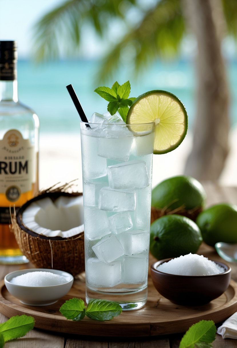 A tall glass of Coconut Rum Cooler garnished with lime and mint on a wooden table surrounded by coconut, rum bottle, and fresh limes.