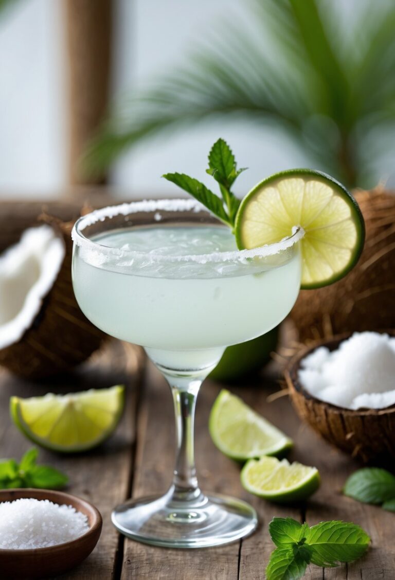 A margarita glass with a coconut water margarita garnished with a lime slice and mint, surrounded by fresh lime wedges, a halved coconut, and a bowl of salt on a wooden table.