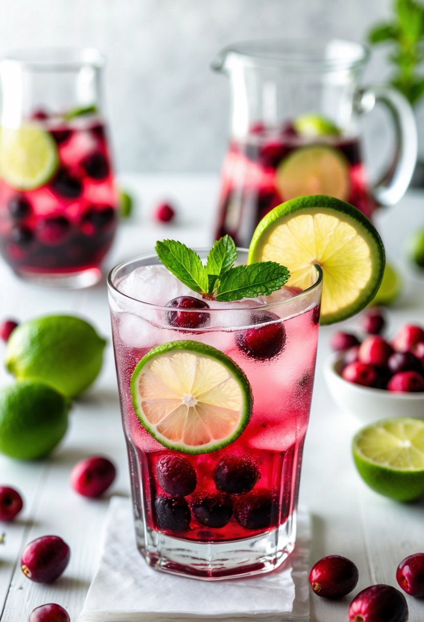 A glass of Cranberry Lime Spritzer with ice, lime slices, and mint on a wooden table surrounded by fresh cranberries and limes.