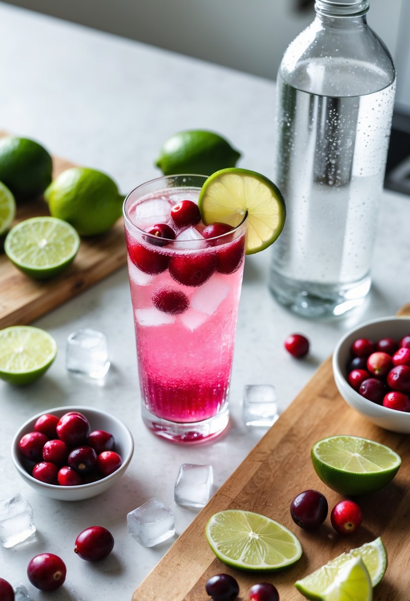 A glass of cranberry lime spritzer with lime slices and cranberries on a kitchen countertop surrounded by fresh limes, cranberries, ice cubes, and a bottle of sparkling water.