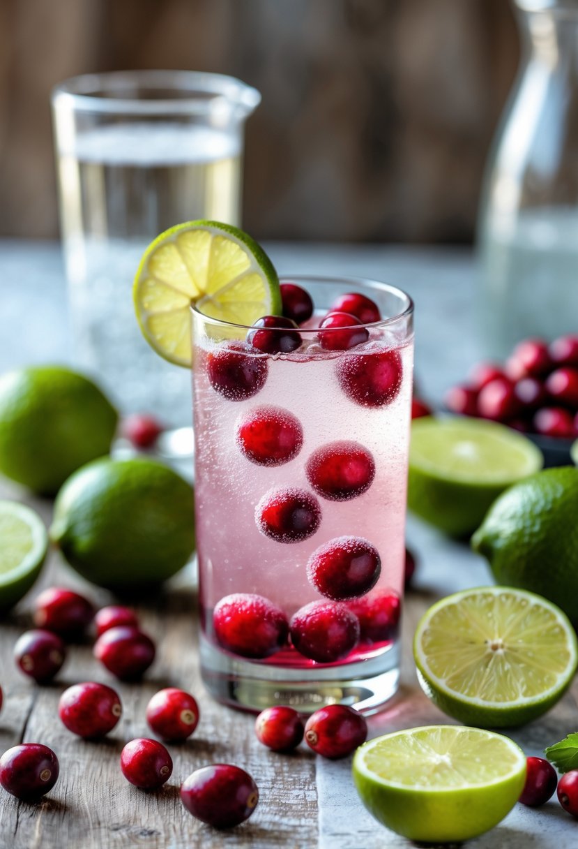 A glass of cranberry lime spritzer with lime slices and cranberries, surrounded by fresh limes and cranberries on a wooden surface.