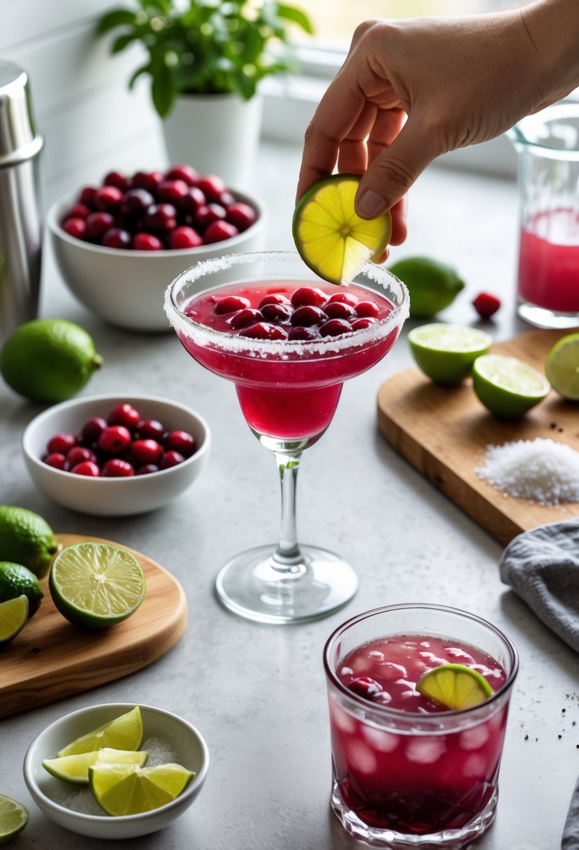 A kitchen countertop with ingredients and tools for making a cranberry margarita, including fresh cranberries, lime, salt, tequila, and a glass being rimmed with salt.