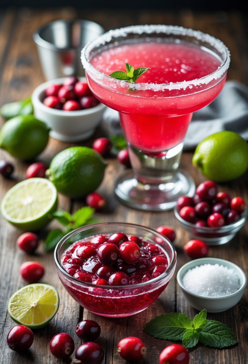A wooden table with fresh cranberries, lime wedges, a bowl of cranberry juice, tequila, salt, and a margarita glass filled with cranberry margarita garnished with a lime wedge.