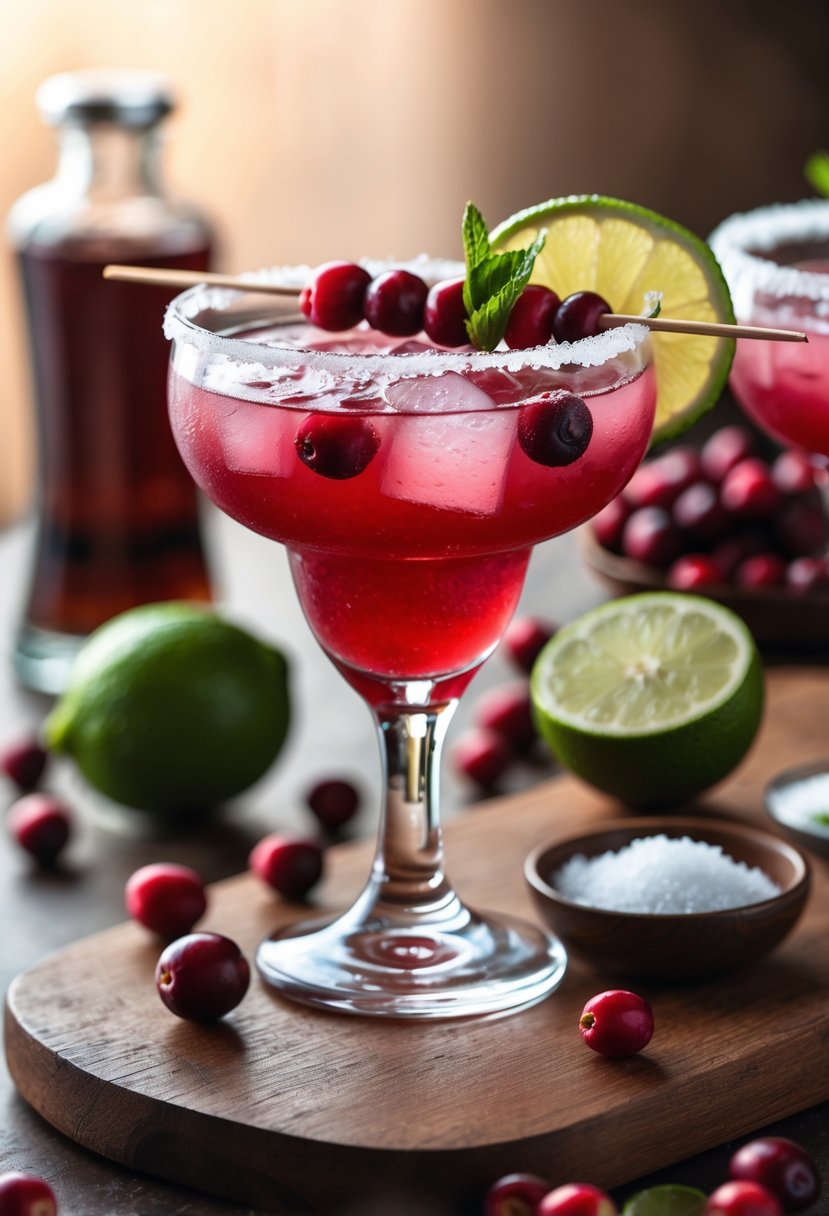 A cranberry margarita in a glass with a salted rim, garnished with cranberries and a lime wedge, placed on a wooden board with fresh cranberries and lime halves nearby.