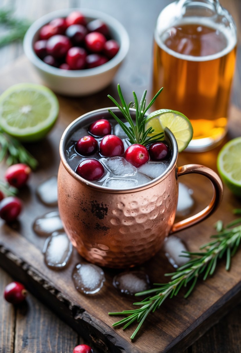 A copper mug filled with a cranberry mule cocktail garnished with cranberries, rosemary, and lime on a wooden table surrounded by fresh cranberries, lime, ginger beer, and vodka.