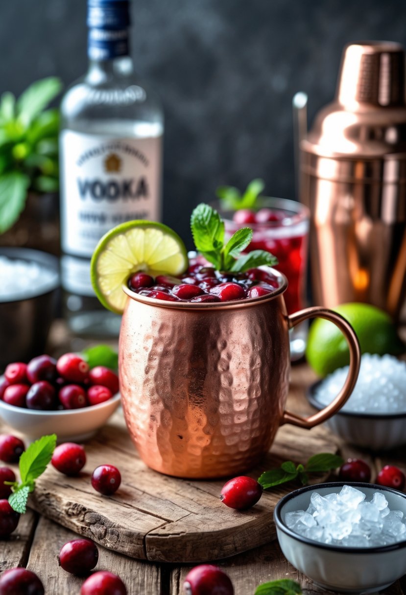 A wooden table with a copper mug filled with a cranberry mule cocktail garnished with lime and mint, surrounded by fresh cranberries, limes, a bottle of vodka, cranberry juice, ginger beer, and crushed ice.