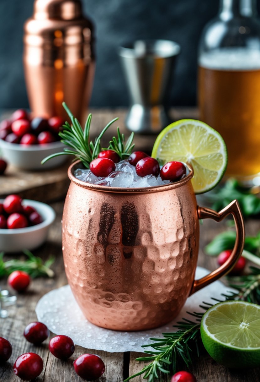 A copper mug filled with a Cranberry Mule cocktail garnished with cranberries, rosemary, and lime, on a wooden table with cranberries and lime nearby.