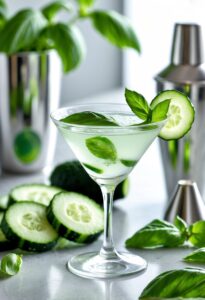 A cucumber basil martini in a glass garnished with basil and cucumber, surrounded by fresh cucumbers, basil leaves, and cocktail-making tools on a kitchen countertop.