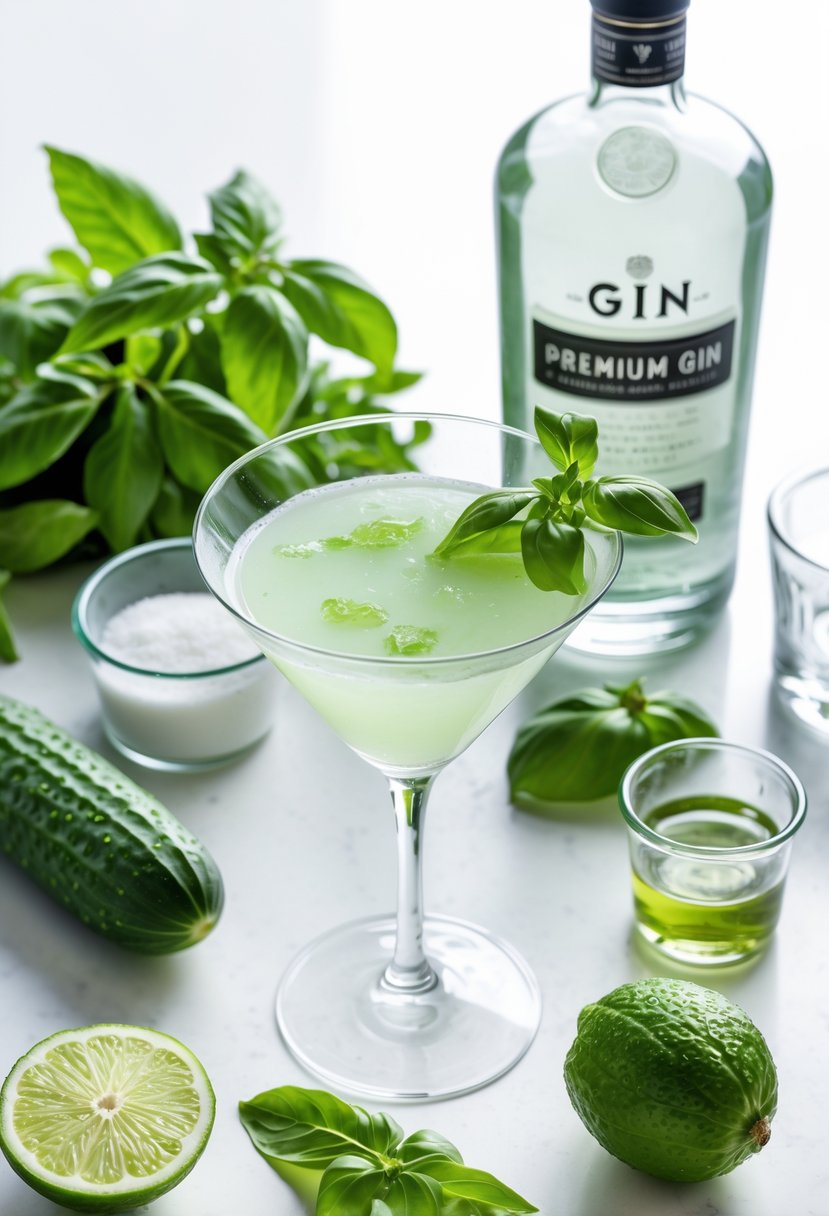 Fresh cucumbers, basil leaves, gin bottle, lime, simple syrup, and a cucumber basil martini in a glass garnished with cucumber and basil on a white surface.