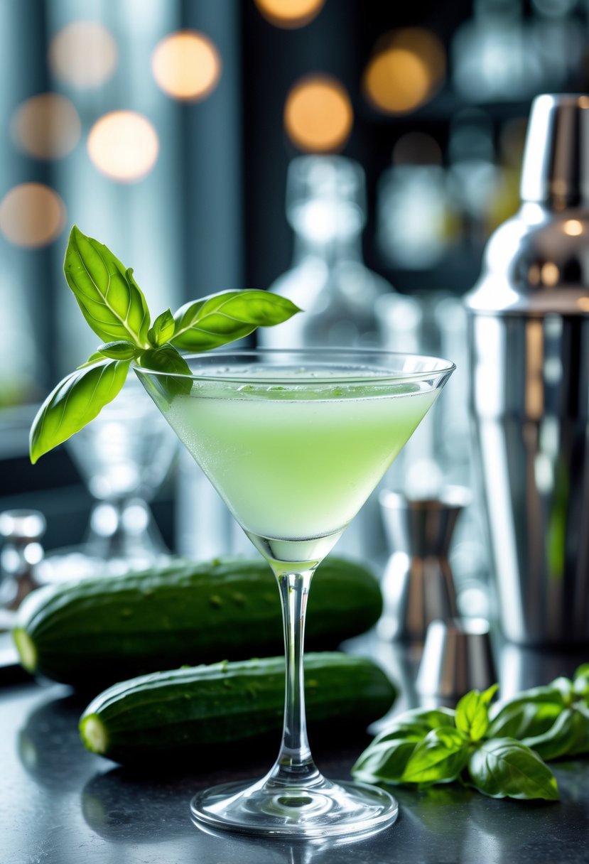A cucumber basil martini garnished with a cucumber slice and basil leaf on a bar counter with fresh cucumbers and basil nearby.