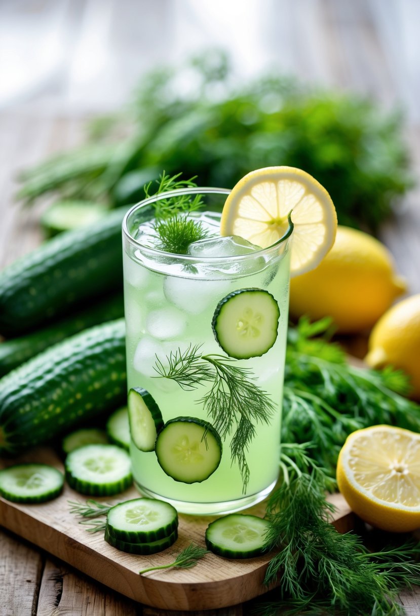 A glass of cucumber dill lemonade garnished with cucumber slices, dill sprigs, and a lemon wedge, surrounded by fresh cucumbers, lemons, and dill on a wooden table.