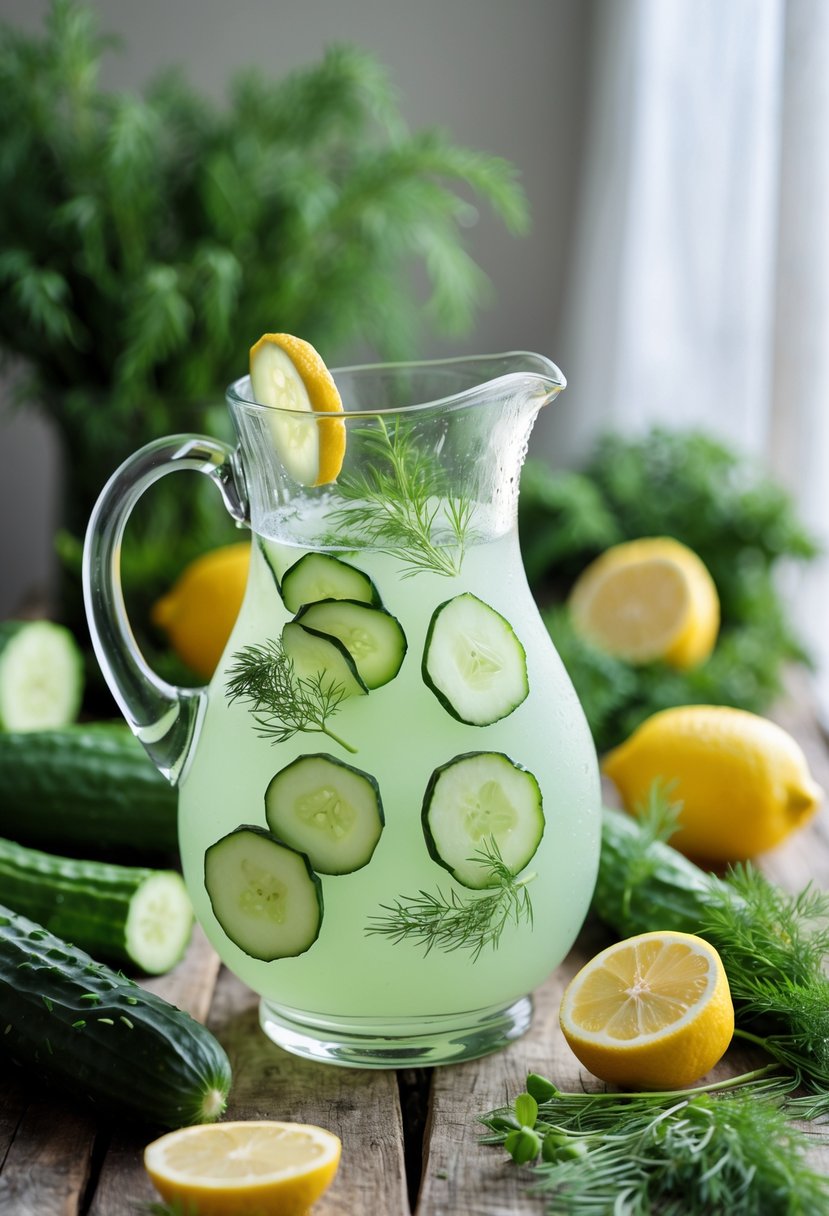 A glass pitcher of cucumber dill lemonade with cucumber slices, lemon wedges, and dill on a wooden table surrounded by fresh cucumbers, lemons, and dill.