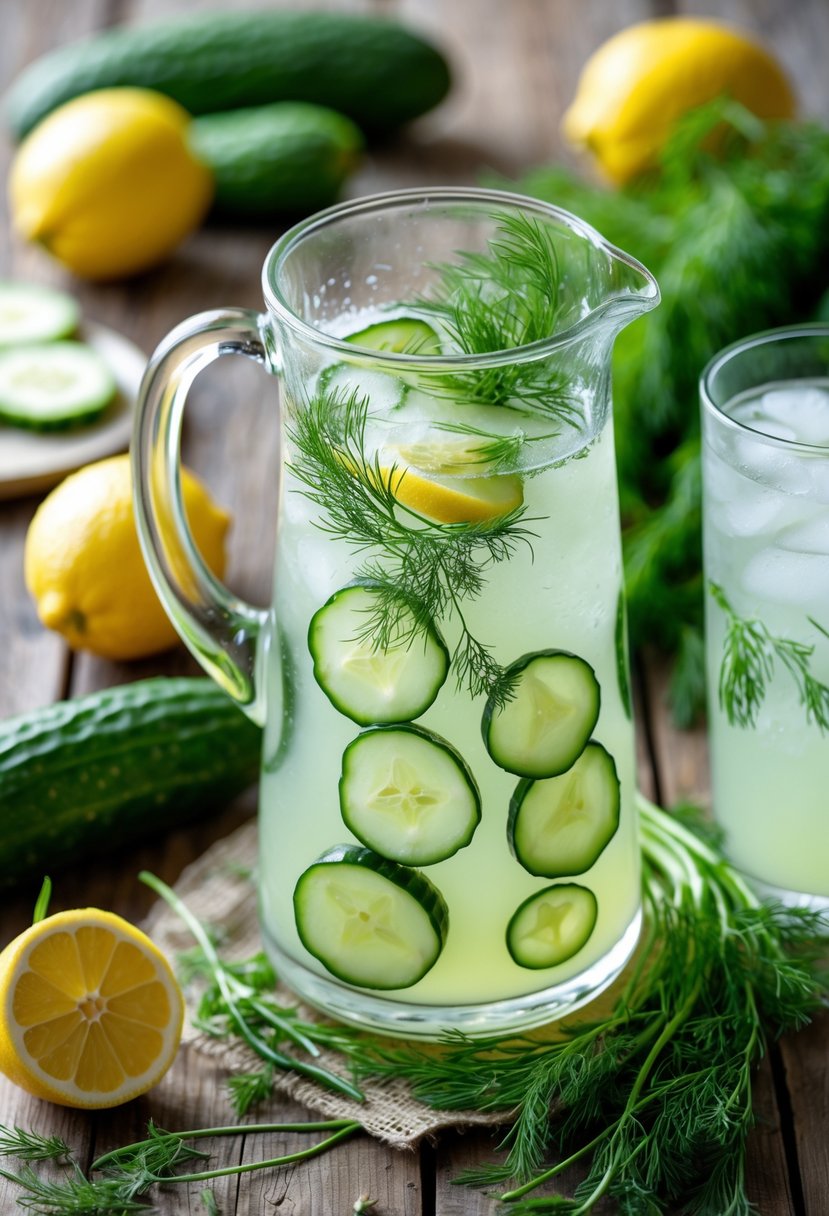 A glass pitcher and a glass of cucumber dill lemonade with fresh cucumbers, lemons, and dill herbs arranged on a wooden table.