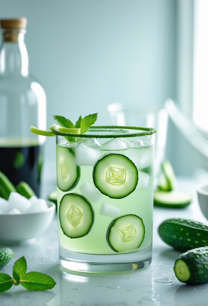 A glass of cucumber sake spritzer garnished with cucumber slices and mint on a countertop with fresh cucumbers and a bottle of sake nearby.