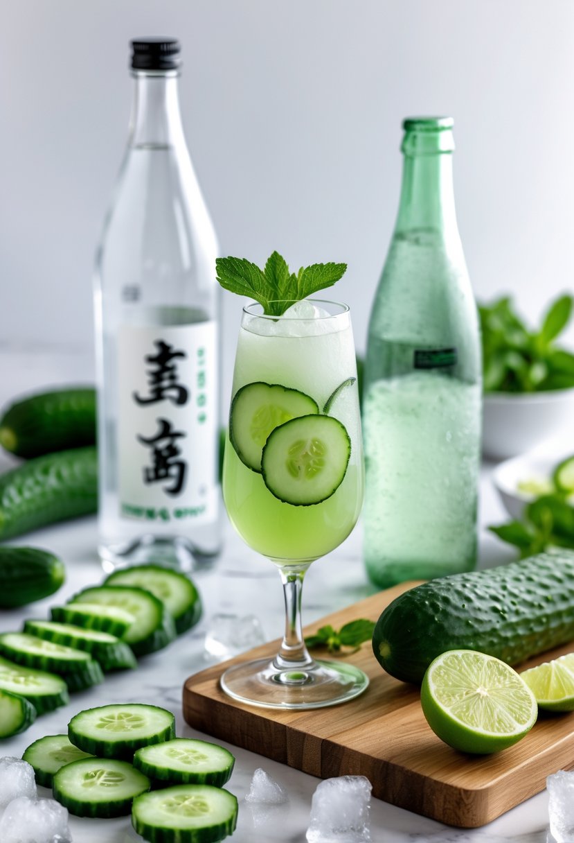 A glass of cucumber sake spritzer with cucumber slices, fresh cucumbers, a bottle of sake, a knife on a cutting board, and lime wedges arranged on a clean surface.