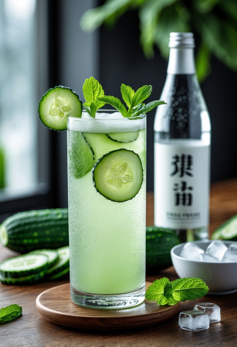 A tall glass of cucumber sake spritzer garnished with cucumber slices and mint on a wooden table with ingredients nearby.