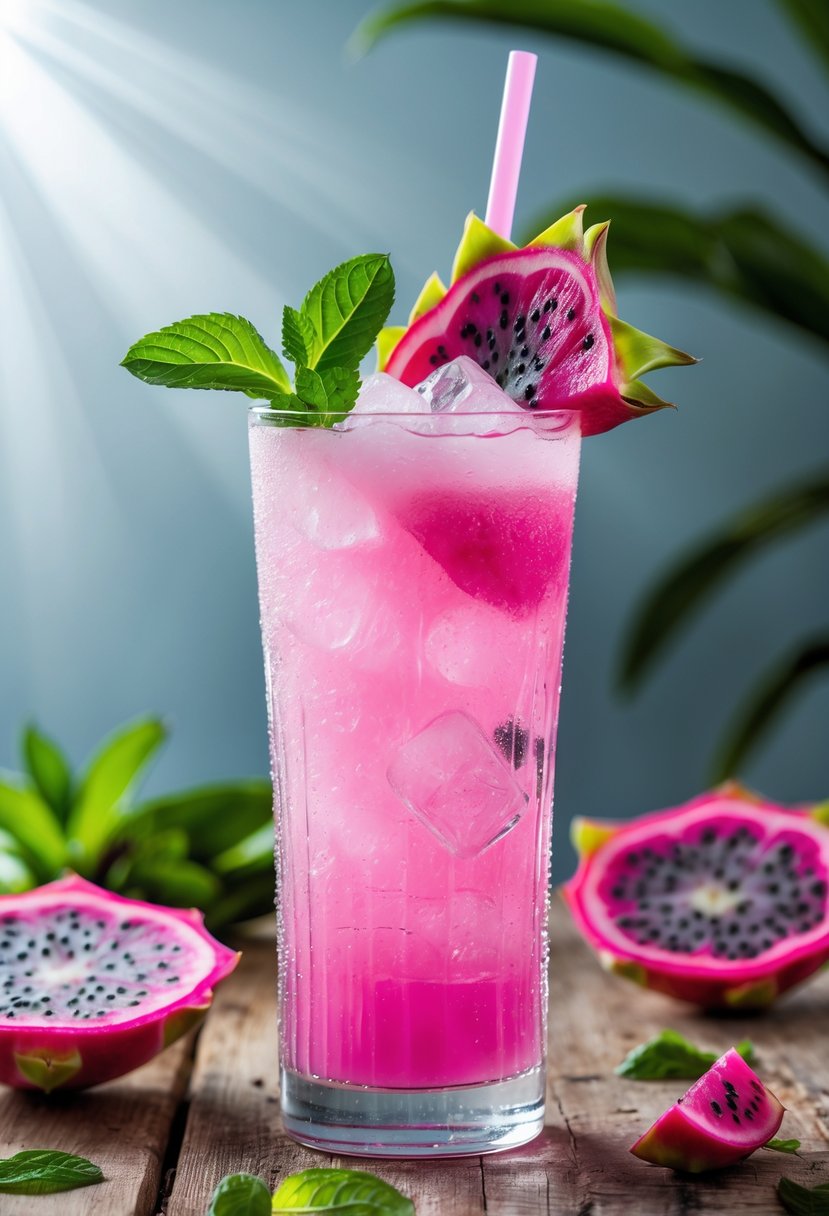 A tall glass of pink Dragonfruit Cooler with ice and mint garnish on a wooden table surrounded by fresh dragonfruit pieces.