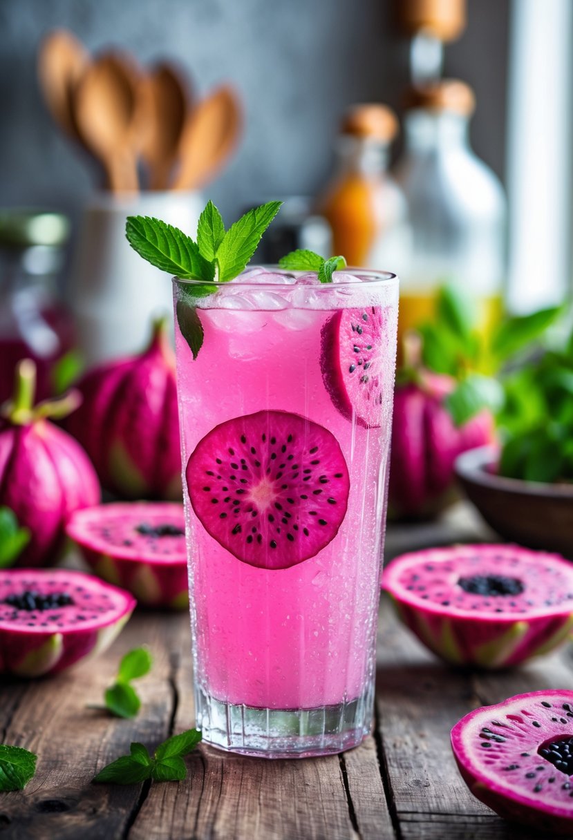 A glass of bright pink dragonfruit cooler garnished with dragonfruit slices and mint on a wooden table surrounded by fresh dragonfruit pieces.