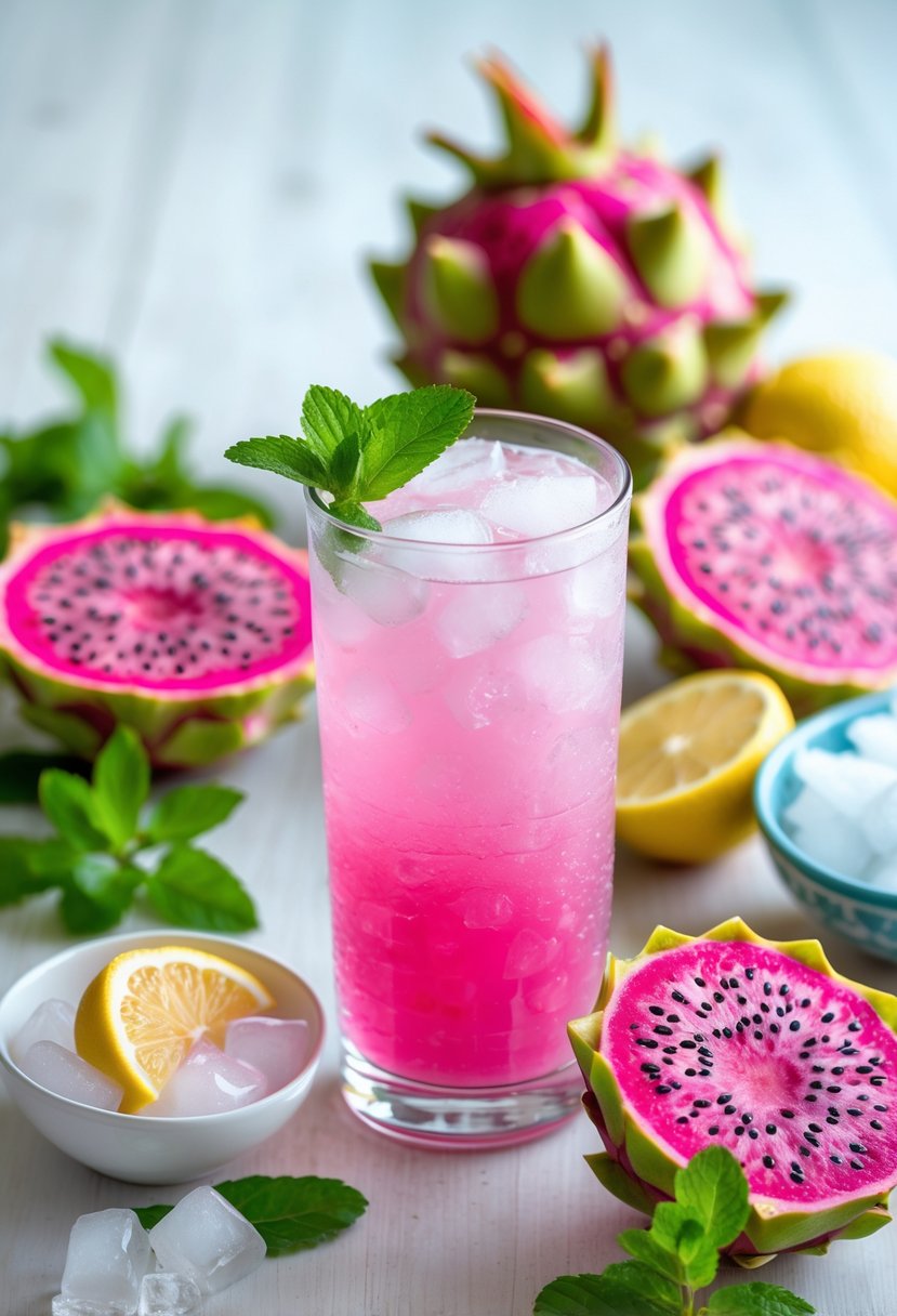 A tall glass of pink dragonfruit cooler garnished with dragonfruit slices and mint, surrounded by whole and cut dragonfruits and other fresh ingredients on a wooden surface.