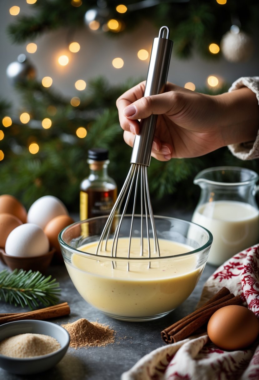 A kitchen scene showing the preparation of eggnog with a bowl of creamy mixture being whisked, surrounded by eggs, sugar, spices, and holiday decorations.