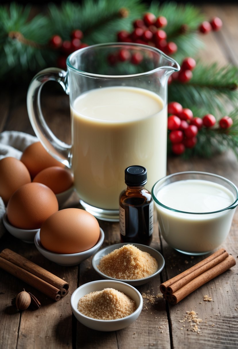 A wooden table with ingredients for making eggnog, including eggs, sugar, milk, vanilla extract, cinnamon stick, nutmeg, and a pitcher of eggnog, with holiday decorations in the background.