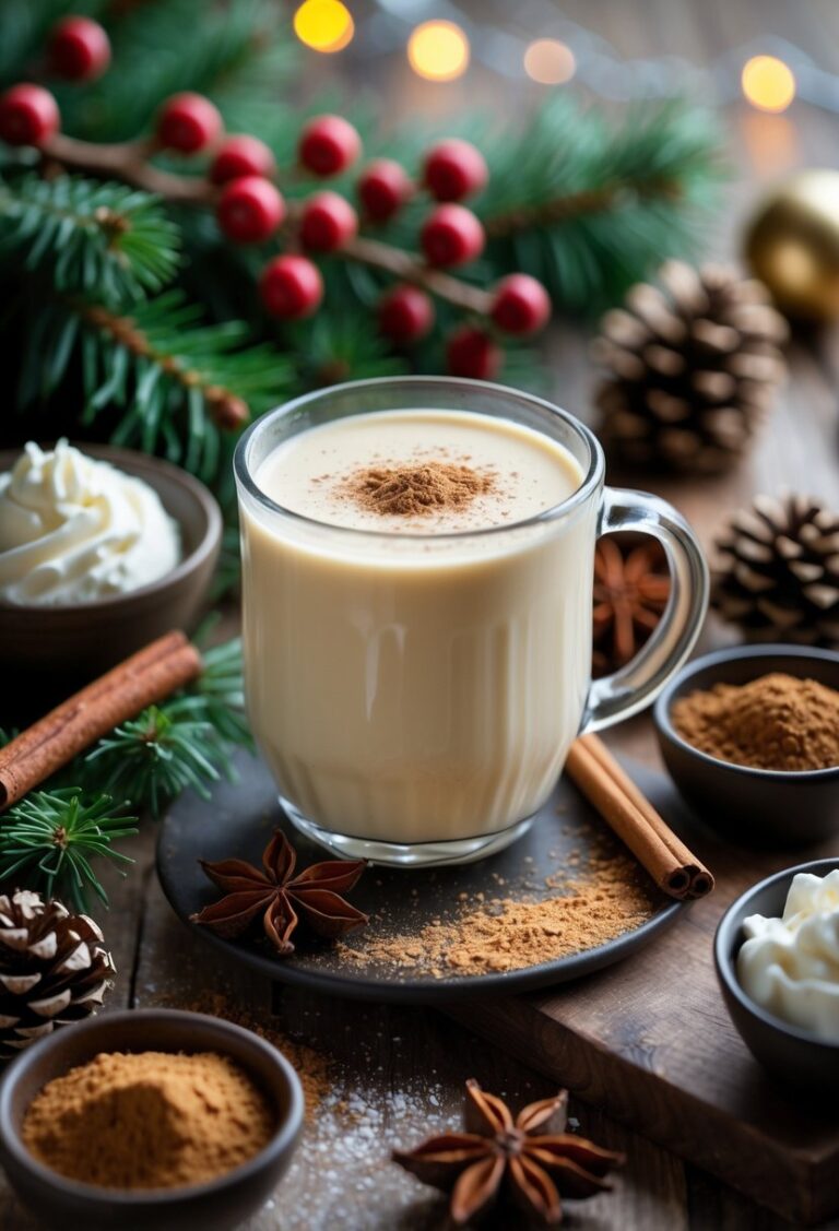 A glass of eggnog garnished with nutmeg and a cinnamon stick on a wooden table surrounded by holiday decorations and bowls of toppings.
