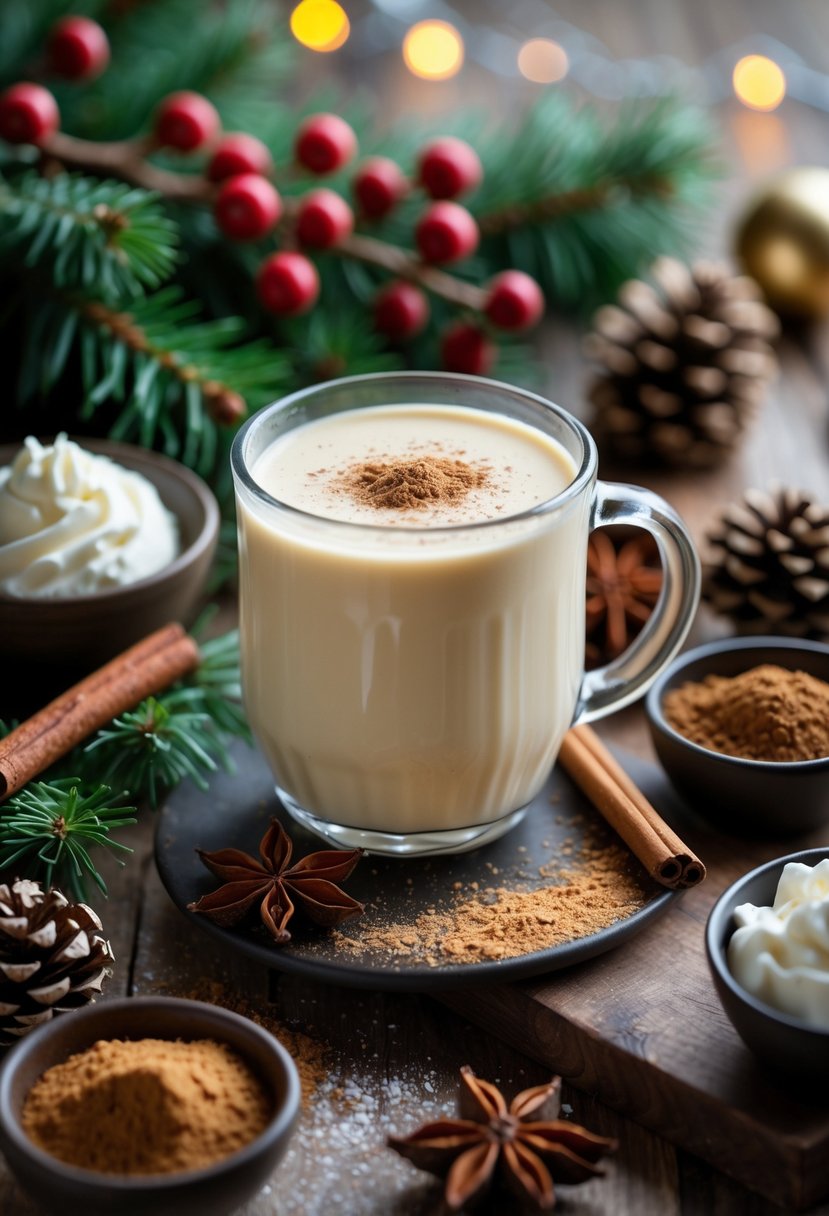 A glass of eggnog garnished with nutmeg and a cinnamon stick on a wooden table surrounded by holiday decorations and bowls of toppings.