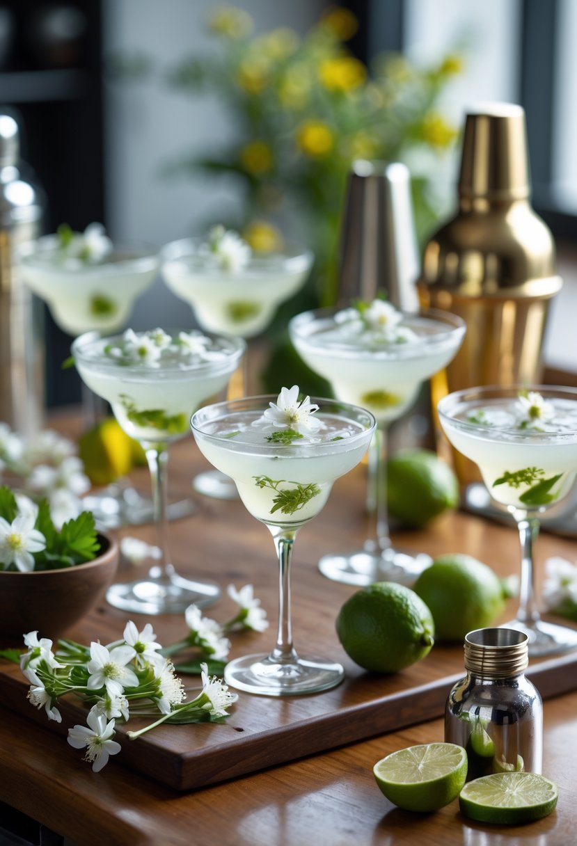 Several elderflower gimlet cocktails garnished with elderflowers and lime slices on a wooden bar counter surrounded by fresh elderflowers, limes, and cocktail tools.