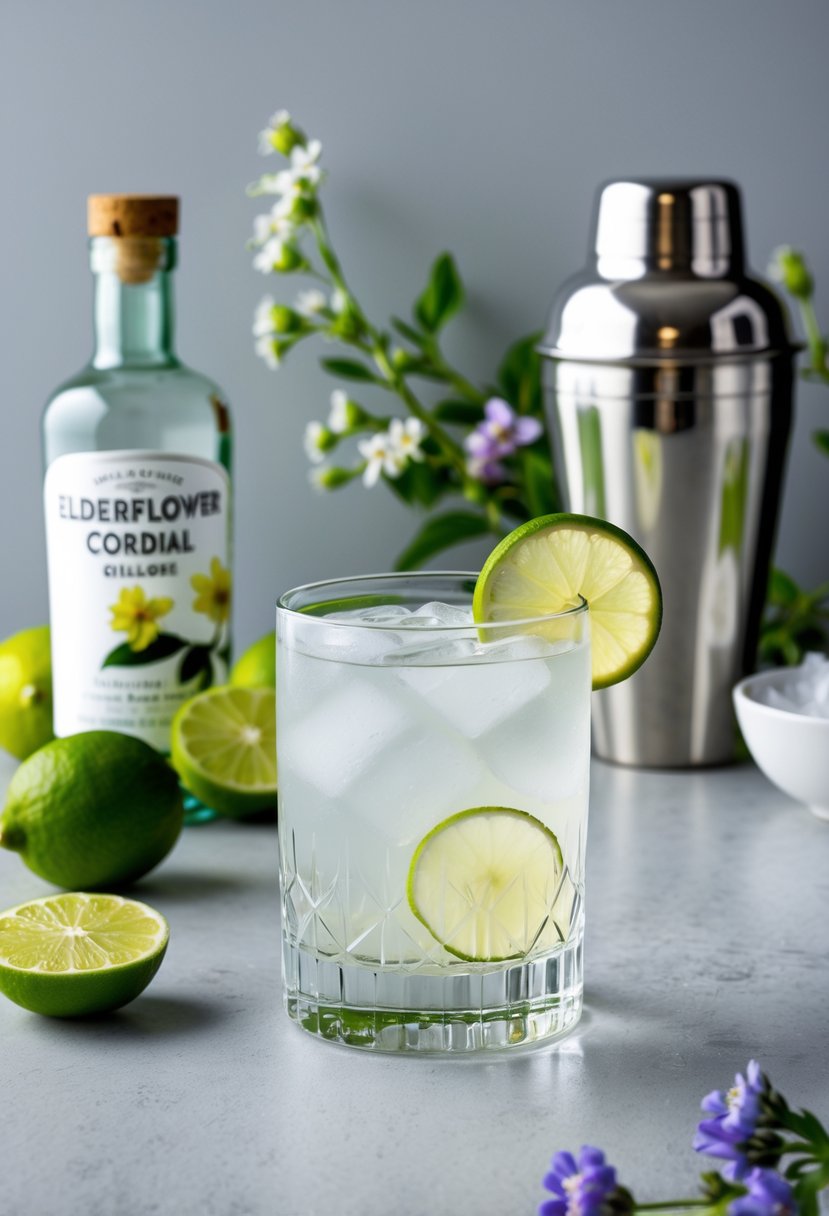 A glass of Elderflower Gimlet cocktail garnished with a lime wheel surrounded by fresh limes, elderflower cordial, a jigger of gin, and a cocktail shaker on a bar countertop.