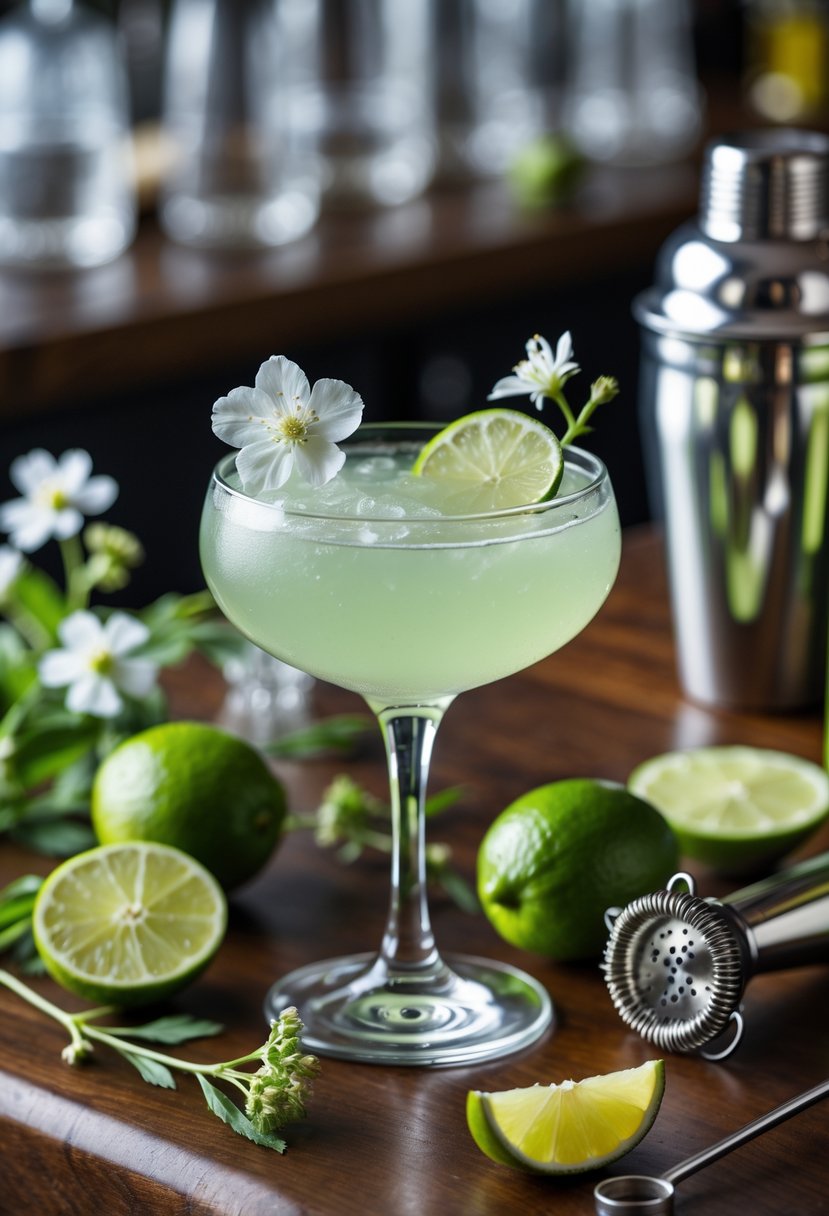 A coupe glass with an Elderflower Gimlet cocktail garnished with elderflower and lime, surrounded by fresh elderflowers, limes, and a cocktail shaker on a wooden bar counter.