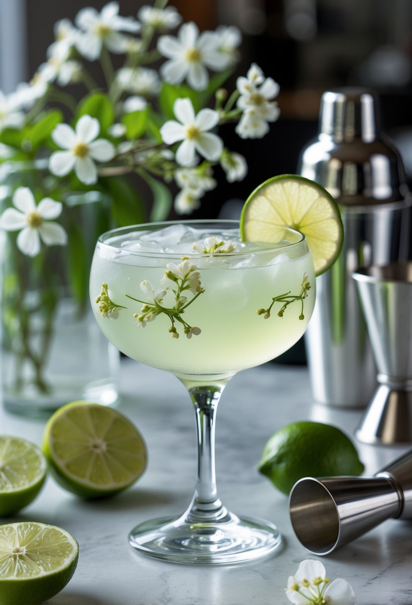 A clear cocktail glass with a pale green Elderflower Gimlet garnished with a lime wheel, surrounded by elderflower blossoms, lime wedges, a bottle of elderflower liqueur, and a cocktail shaker on a bar countertop.