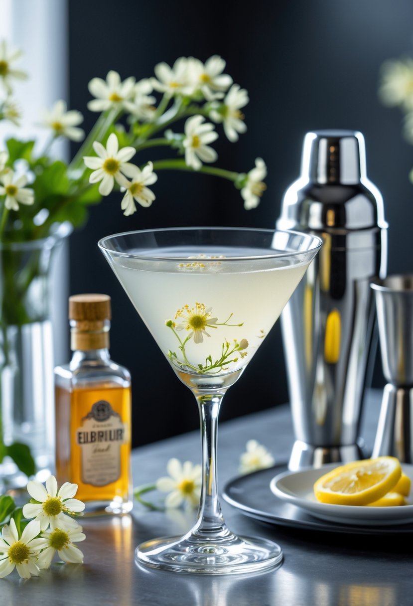 A martini glass being filled with a pale elderflower cocktail on a bar counter surrounded by elderflower blossoms, a bottle of elderflower liqueur, a cocktail shaker, and a lemon twist garnish.
