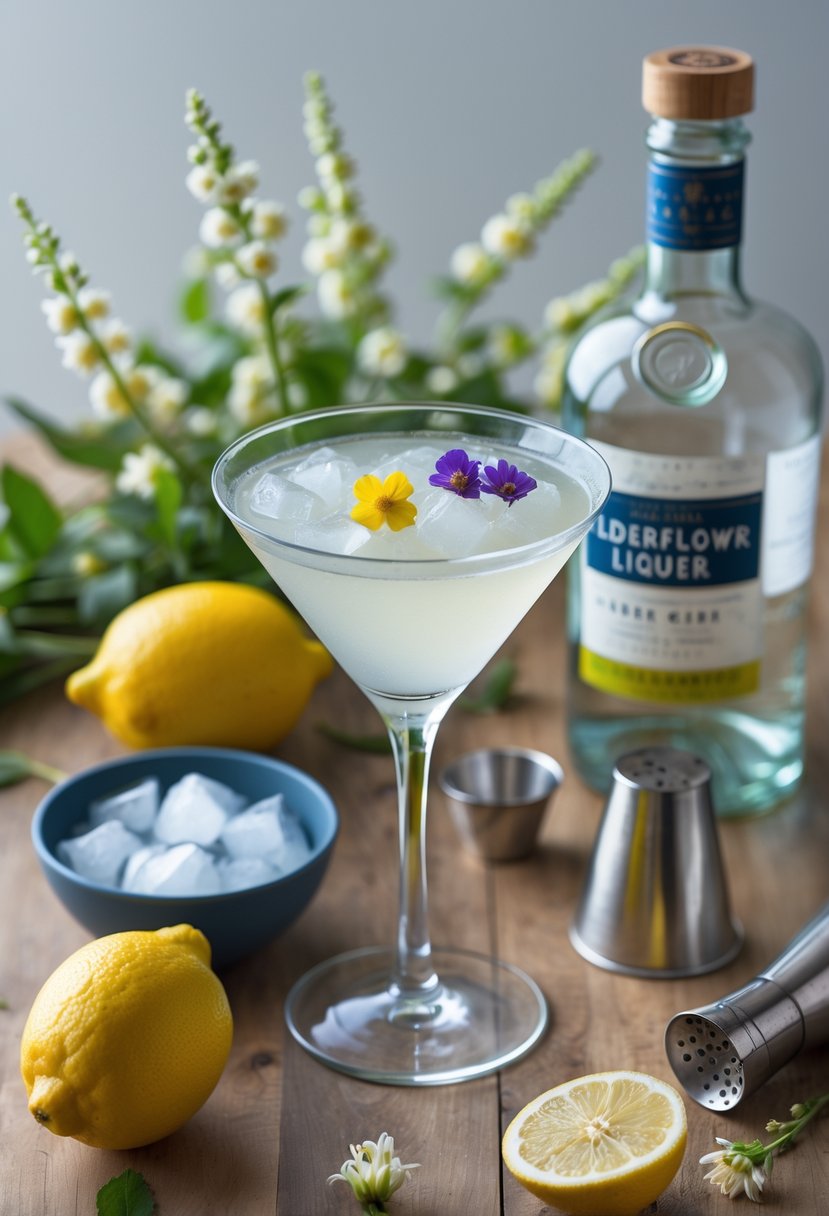 A martini glass with a pale elderflower cocktail surrounded by elderflowers, gin bottle, elderflower liqueur, lemon halves, ice cubes, and a cocktail shaker on a wooden surface.