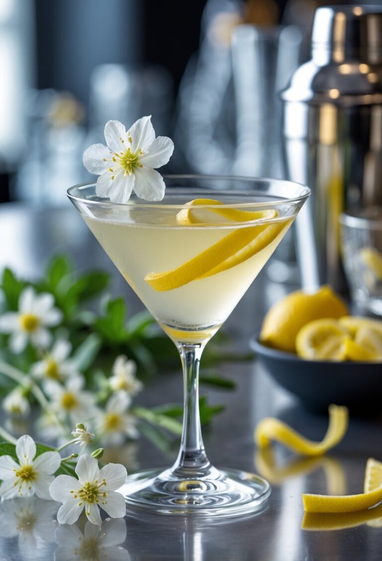An elderflower martini garnished with an elderflower blossom and lemon twist on a bar counter surrounded by fresh elderflowers and cocktail tools.
