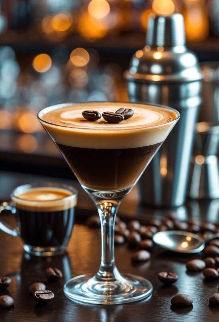 A glass of espresso martini with creamy foam and coffee beans on top, placed on a bar counter with an espresso cup, cocktail shaker, and scattered coffee beans nearby.
