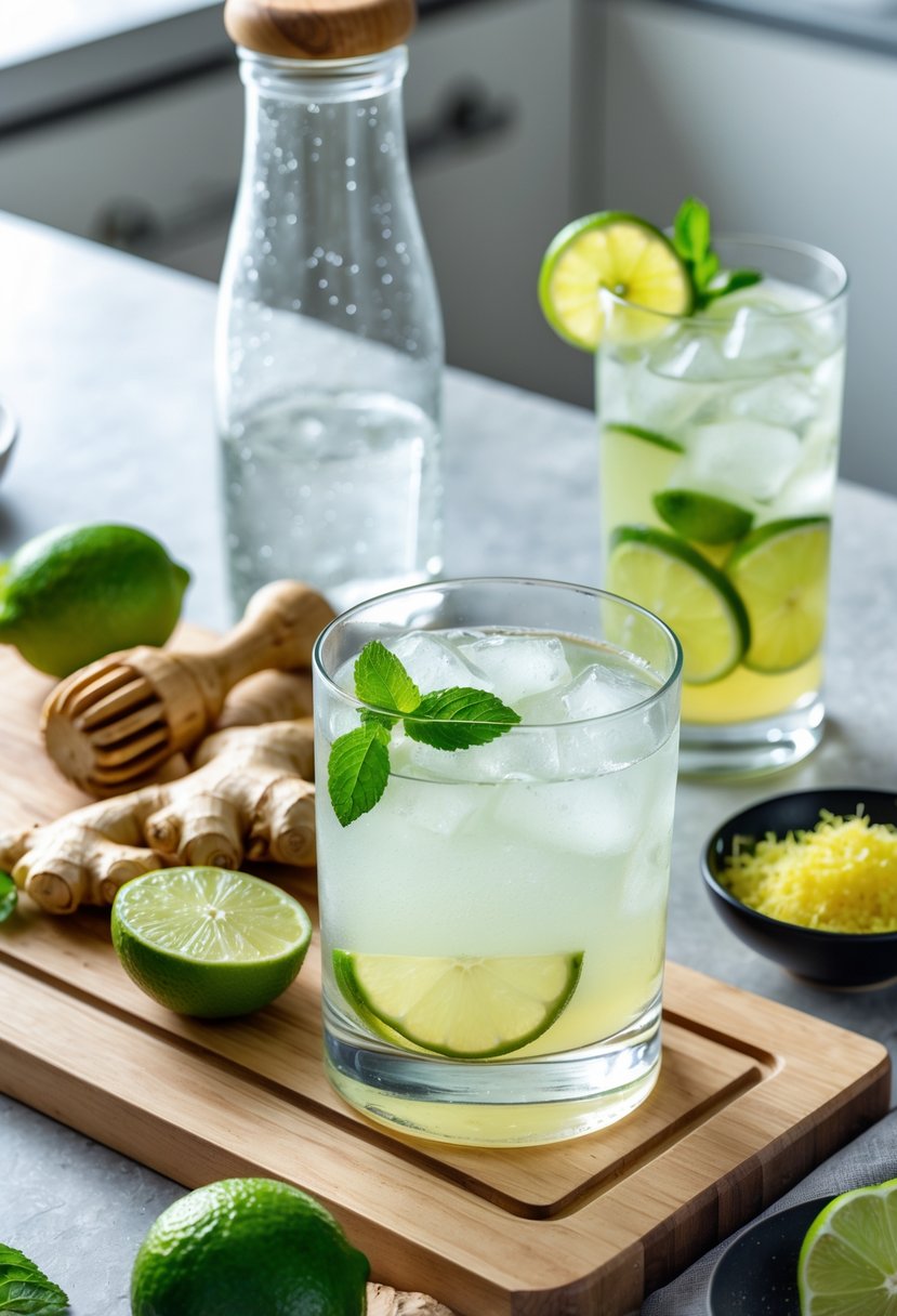 A kitchen scene showing fresh limes, ginger root, ice cubes, a pitcher and a glass of ginger and lime cooler drink garnished with lime and mint on a wooden cutting board.
