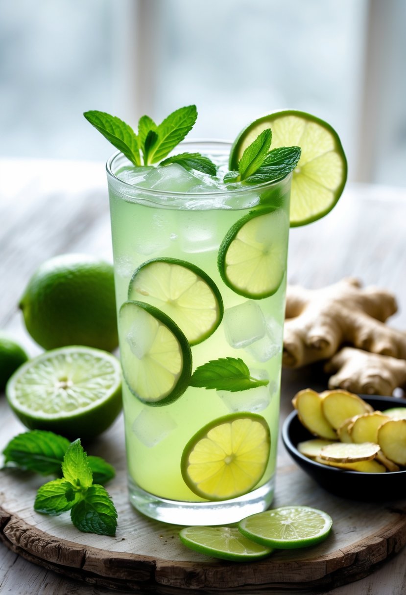 A glass of ginger and lime cooler drink with ice, garnished with lime slices, ginger slices, and mint, surrounded by fresh limes and ginger on a wooden surface.
