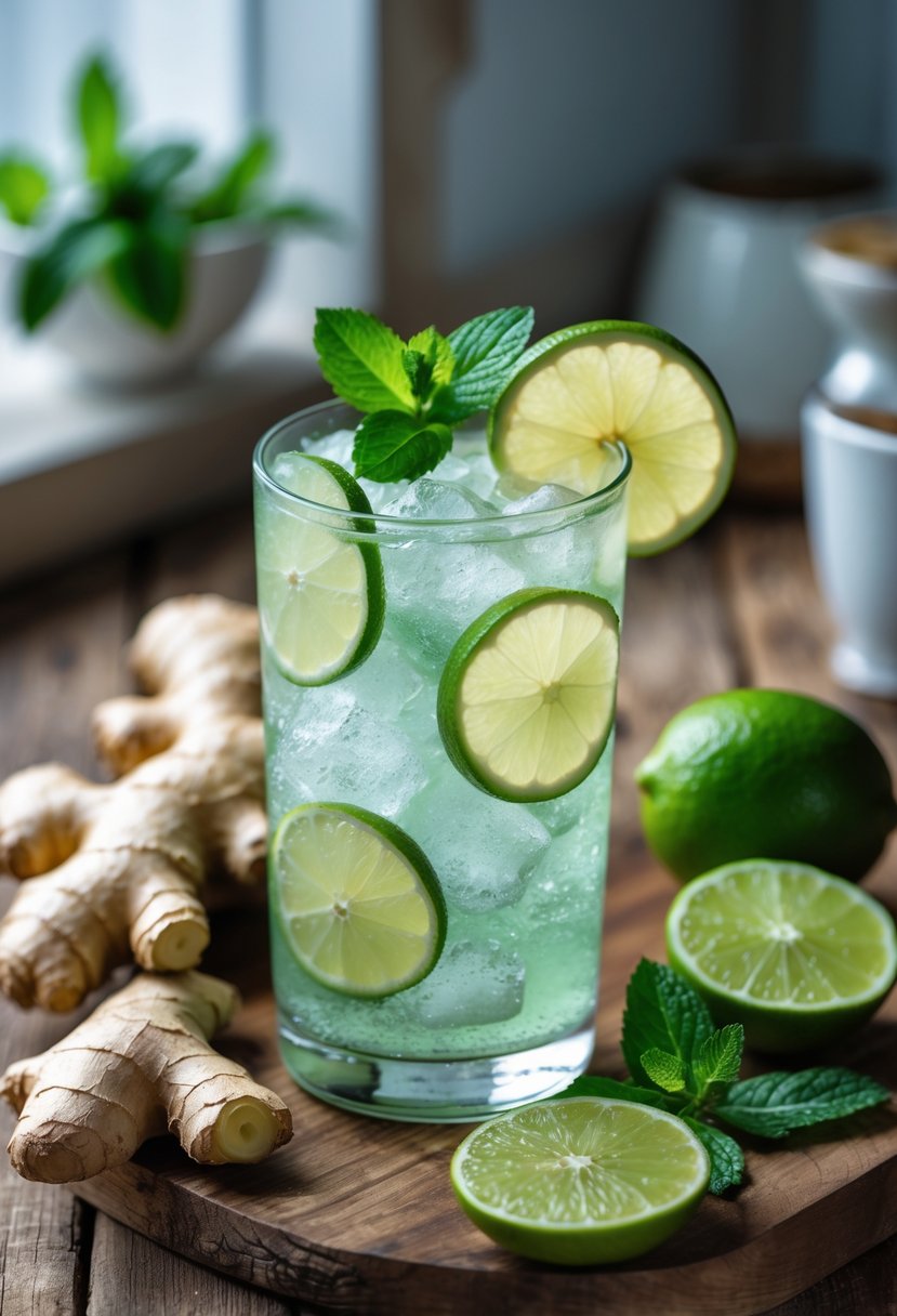 A glass of ginger and lime cooler with ice, garnished with lime slices and mint, surrounded by fresh ginger root and limes on a wooden table.