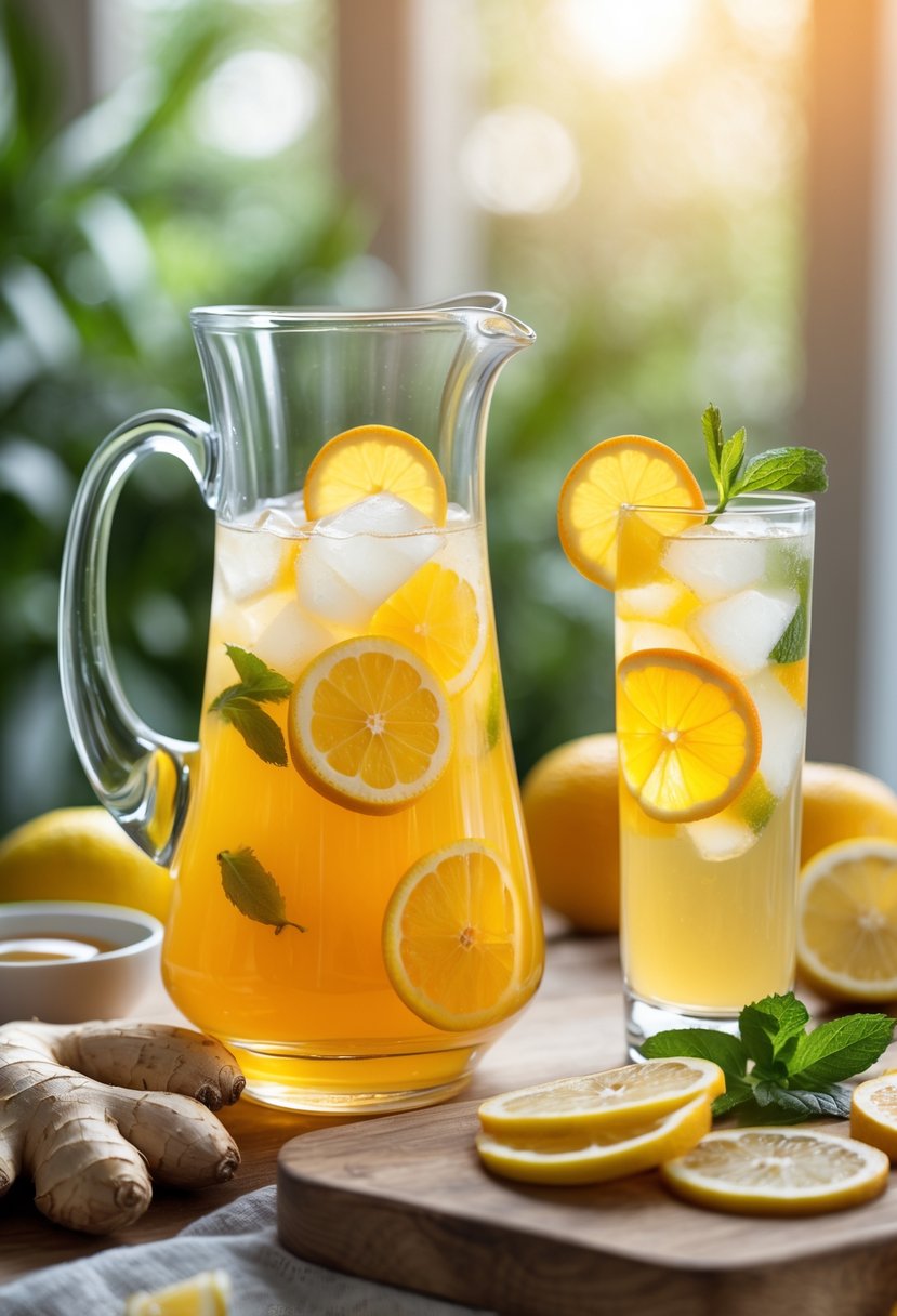 A glass pitcher and a glass filled with ginger citrus punch surrounded by fresh ginger roots, lemon and orange slices, and a wooden cutting board with sliced fruits.