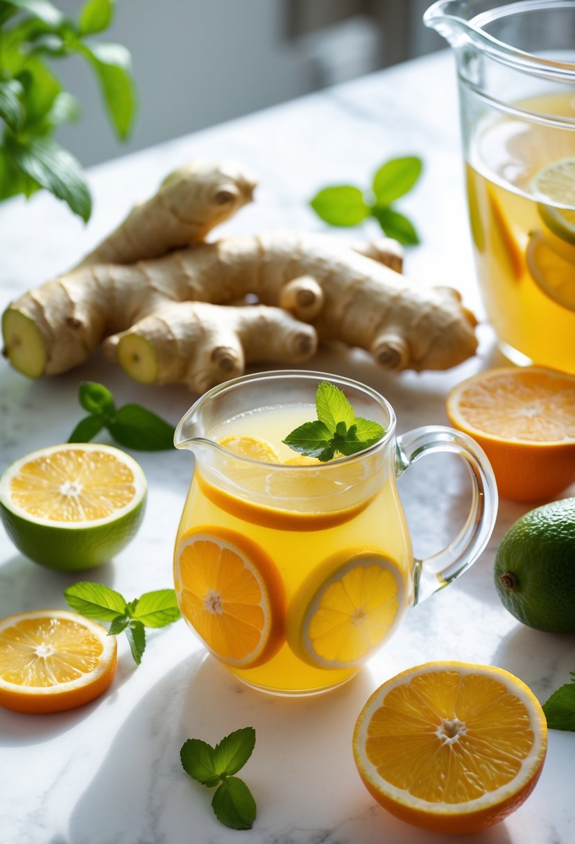 Fresh ginger root, sliced citrus fruits, a glass pitcher of ginger citrus punch, and mint leaves arranged on a kitchen countertop.