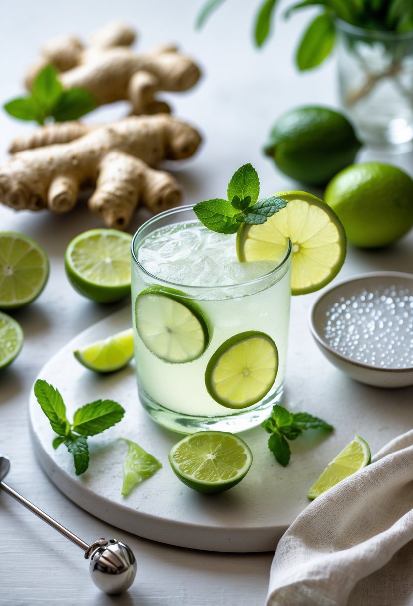 A glass of ginger lime spritz cocktail garnished with lime and mint, surrounded by fresh ginger roots, sliced limes, and a bowl of sparkling water on a wooden surface.