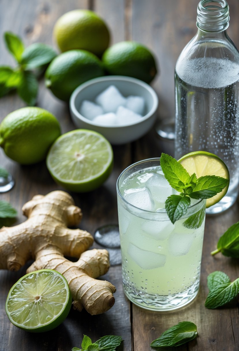 A wooden surface with fresh limes, ginger root, sparkling water, ice cubes, mint, and a glass of ginger lime spritz cocktail garnished with lime and mint.